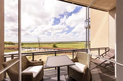 Ein Balkon oder eine Terrasse in der Unterkunft Kleine Welle - Haustierfreundliches Zwei-Zimmer Apartment mit Südbalkon und Platz für drei Personen im ersten Obergeschoss