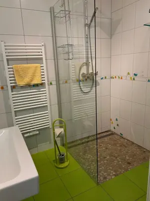 Ein Badezimmer in der Unterkunft Boddenfrosch, ruhig gelegen mitten im Ortskern von Wieck mit Sauna und kostenlosem Parkplatz