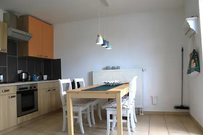 Küche/Küchenzeile in der Unterkunft Ferienwohnung Ostseestille am Bodden mit Kamin