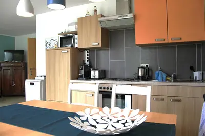 Küche/Küchenzeile in der Unterkunft Ferienwohnung Ostseestille am Bodden mit Kamin