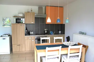 Küche/Küchenzeile in der Unterkunft Ferienwohnung Ostseestille am Bodden mit Kamin