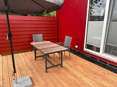 Ein Balkon oder eine Terrasse in der Unterkunft Ostsee Tiny Haus Wachtel