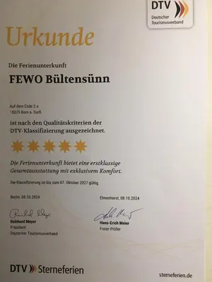Ein Zertifikat, Auszeichnung, Logo oder anderes Dokument, das in der Unterkunft Bültensünn ausgestellt ist