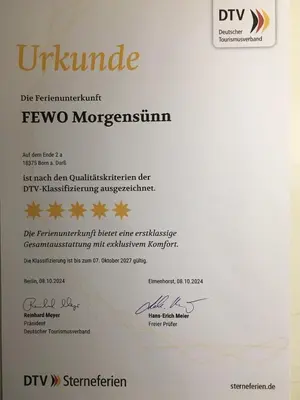 Ein Zertifikat, Auszeichnung, Logo oder anderes Dokument, das in der Unterkunft Morgensünn ausgestellt ist