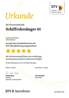 Ein Zertifikat, Auszeichnung, Logo oder anderes Dokument, das in der Unterkunft Ferienhaus Schilfrohrsaenger 61 ausgestellt ist
