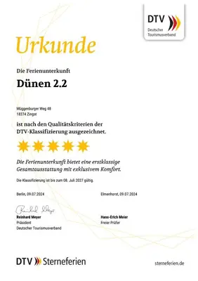 Ein Zertifikat, Auszeichnung, Logo oder anderes Dokument, das in der Unterkunft Ferienwohnung Düne 2.2 ausgestellt ist
