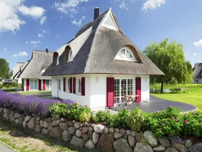 Ein Garten an der Unterkunft Reetdachhaus am Bodden mit Sauna