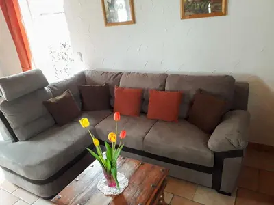 Ein Sitzbereich in der Unterkunft Ferienhaus Boddenurlaub