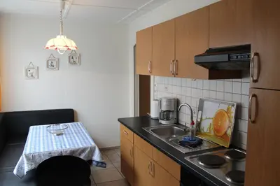 Küche/Küchenzeile in der Unterkunft Boddenhus mit Kamin
