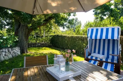 Ein Garten an der Unterkunft Traumhaus Auri in Prerow Ostsee auf dem Darß mit Kamin und Sauna und Garten